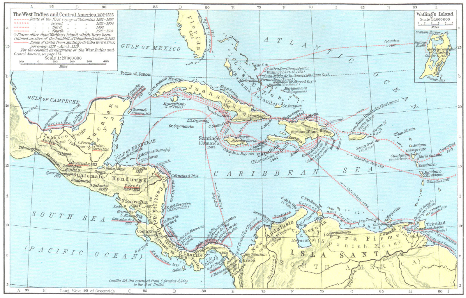 WEST INDIES. & Central America, 1492-1525; map of Watling's Island 1956